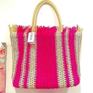 Pink Striped Straw Beach Tote Bag